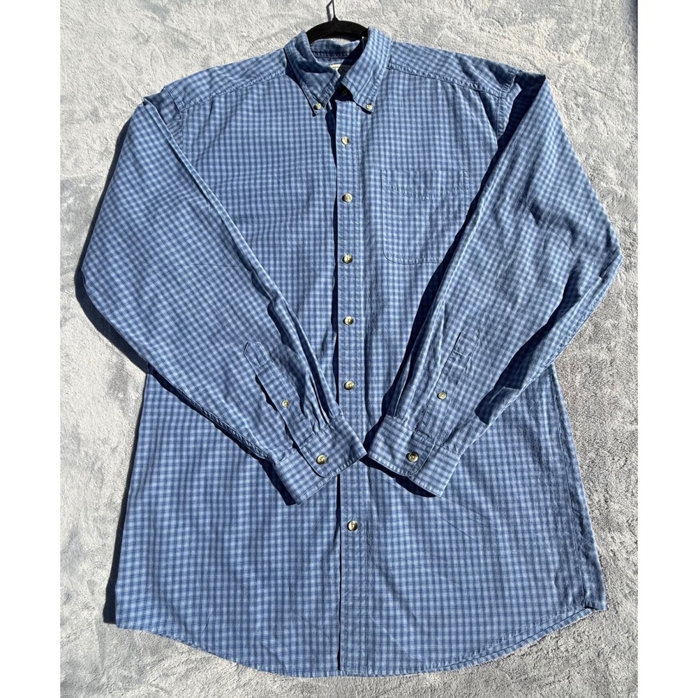 LL Bean Mens Large Tall Blue Plaid Button Down Shirt 100% Cotton Long Sleeve - Picture 2 of 13
